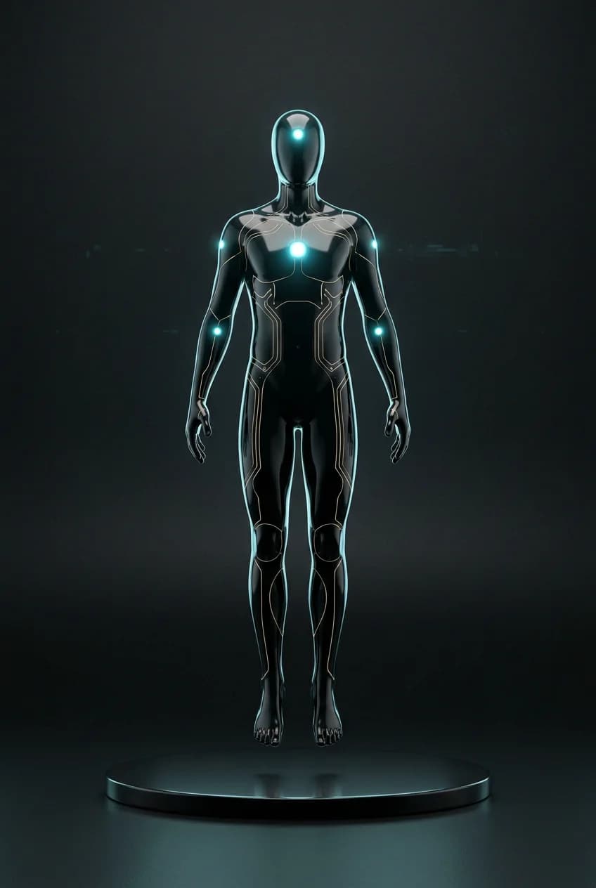Silueta de un empleado digital de cristal de obsidiana con nodos de luz cian