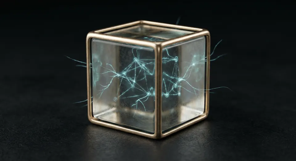 Cubo de cristal cuántico con una red predictiva holográfica cian en su interior