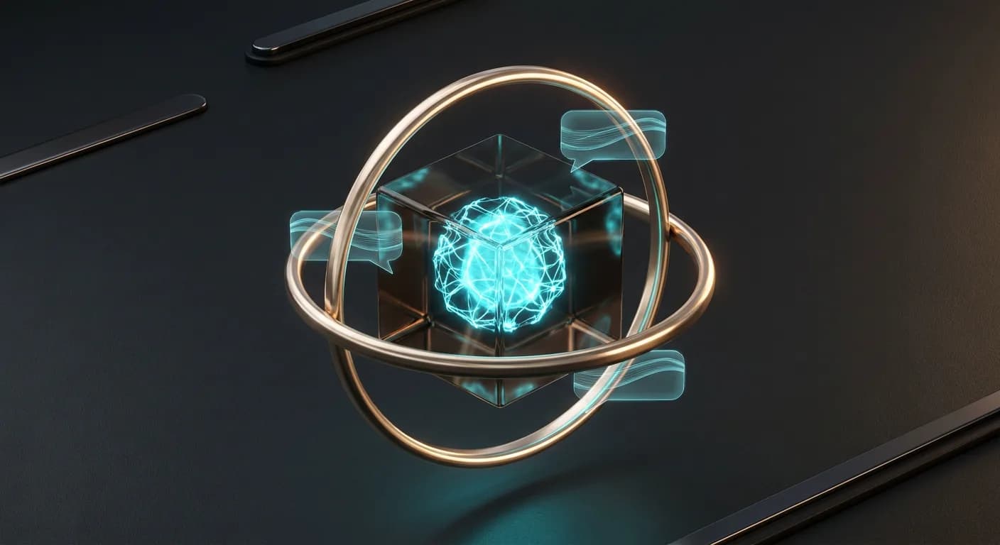 Un agente de IA como artefacto: cubo de cristal cuántico con núcleo cian entre anillos de oro
