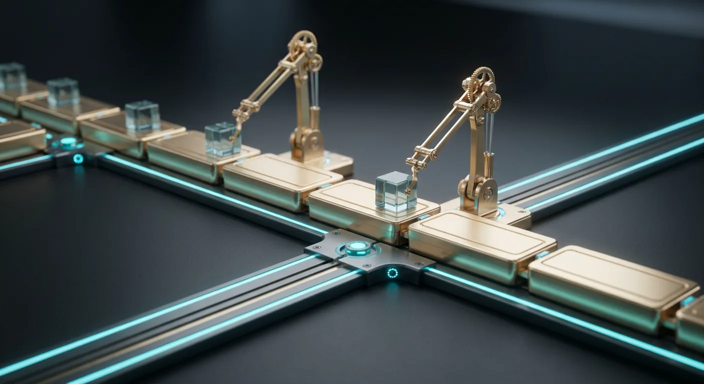 Línea de montaje en miniatura: módulos de oro deslizándose por un raíl de luz cian