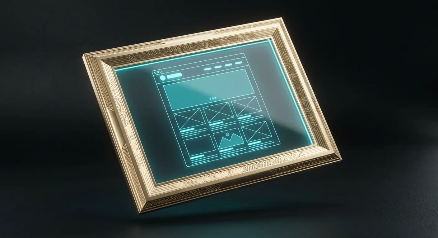 Una web como objeto físico: marco de oro con panel de cristal y wireframe holográfico cian