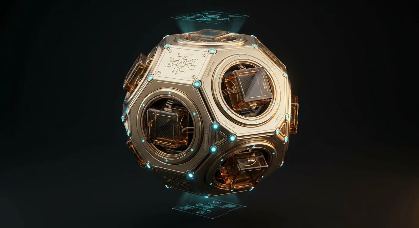 El Núcleo de Datos Temporal: un poliedro modular de oro pulido y cristal cuántico con nodos de luz cian
