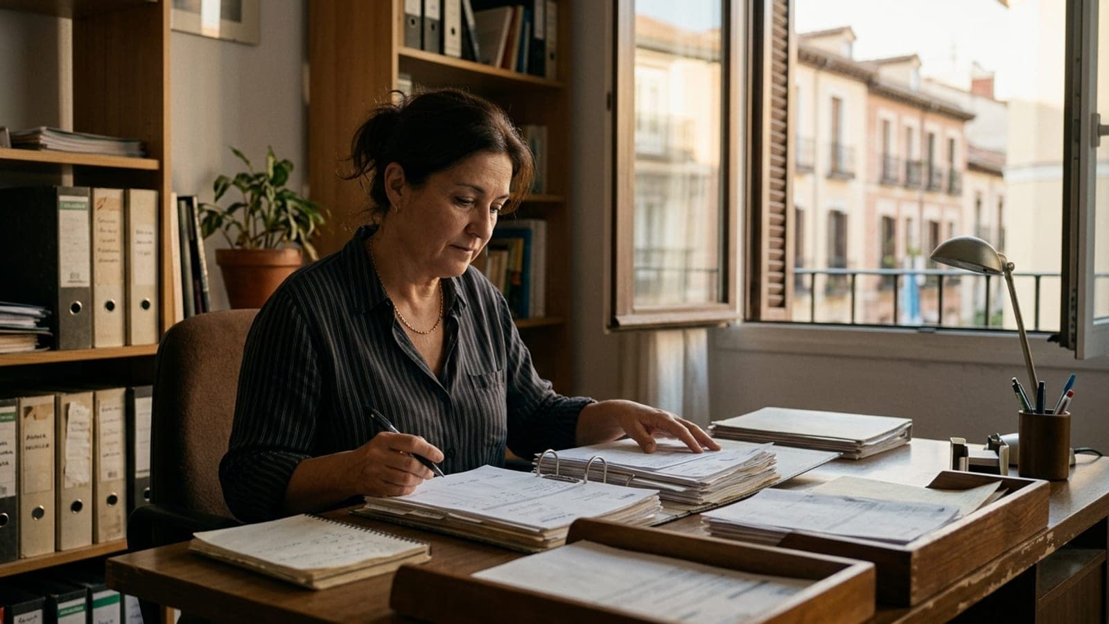 Administradora de empresa en Madrid revisando facturas en papel archivadas en carpetas sobre su mesa de madera.