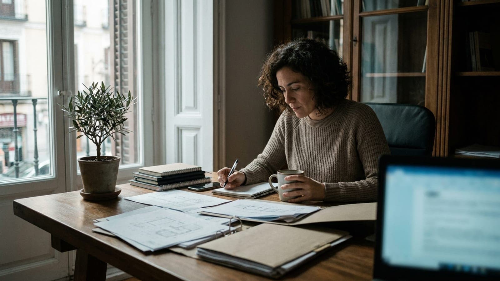 Dueña de un negocio en Madrid revisando documentos y notas en su oficina soleada junto a una taza y su portátil.