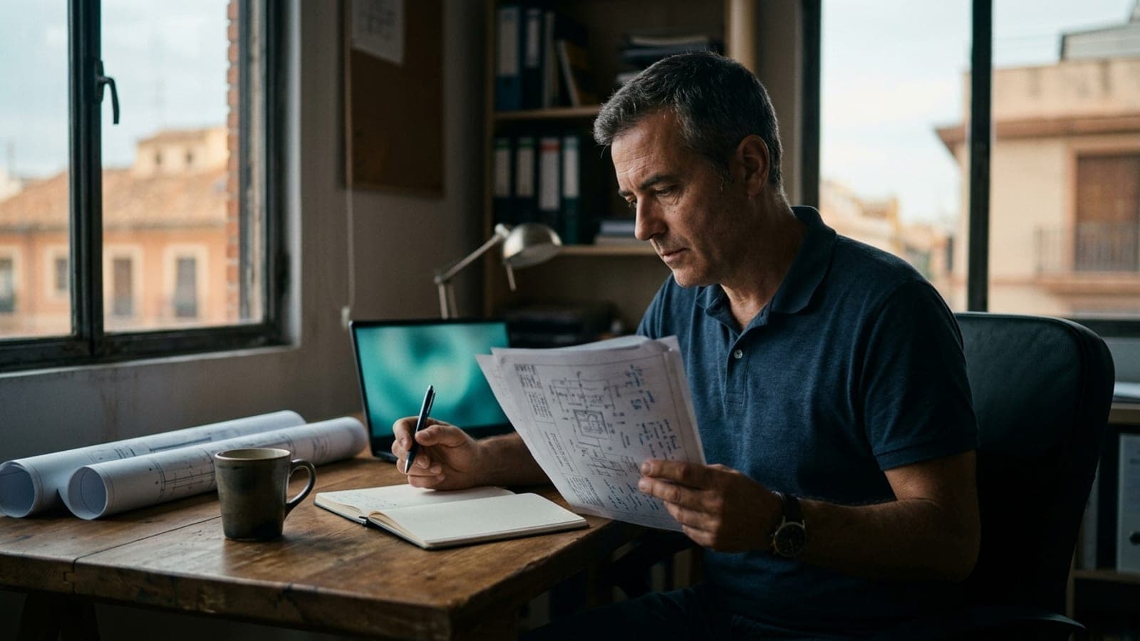 Consultor industrial en Valencia revisando un informe técnico con anotaciones en su despacho.